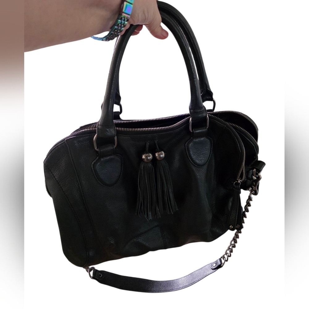 Audrey Brooke Black Leather Tassel Tote with Chain Strap - Picture 8 of 13